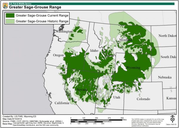 Map of current and historic range of the greater sage-grouse. Map shows how much Endangered Species Act protections may impact land use in the West.